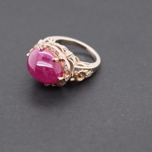 Stunning Ruby Cabochon Engagement Ring with 14K Yellow and Rose Gold, SI2 Diamonds, and Free Shipping. Perfect for Women, Moms, and Vintage Jewelry Lovers. Statement Ring, Art Nouveau Style.