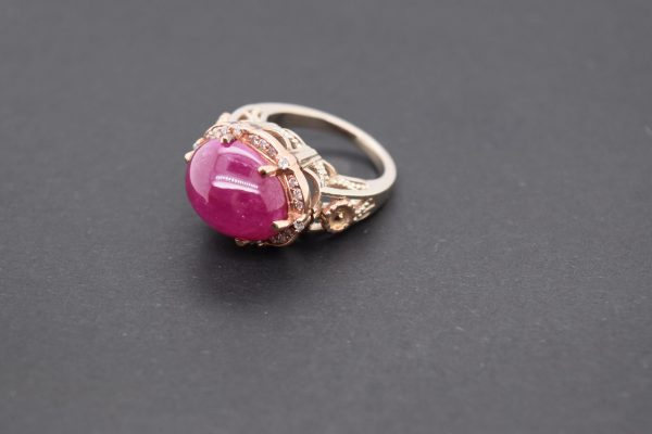 Stunning Ruby Cabochon Engagement Ring with 14K Yellow and Rose Gold, SI2 Diamonds, and Free Shipping. Perfect for Women, Moms, and Vintage Jewelry Lovers. Statement Ring, Art Nouveau Style.