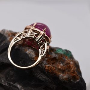 Stunning Ruby Cabochon Engagement Ring with 14K Yellow and Rose Gold, SI2 Diamonds, and Free Shipping. Perfect for Women, Moms, and Vintage Jewelry Lovers. Statement Ring, Art Nouveau Style.