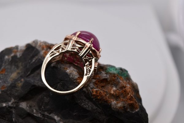 Stunning Ruby Cabochon Engagement Ring with 14K Yellow and Rose Gold, SI2 Diamonds, and Free Shipping. Perfect for Women, Moms, and Vintage Jewelry Lovers. Statement Ring, Art Nouveau Style.