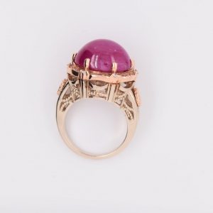 Stunning Ruby Cabochon Engagement Ring with 14K Yellow and Rose Gold, SI2 Diamonds, and Free Shipping. Perfect for Women, Moms, and Vintage Jewelry Lovers. Statement Ring, Art Nouveau Style.