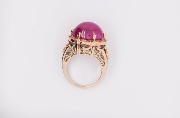 Stunning Ruby Cabochon Engagement Ring with 14K Yellow and Rose Gold, SI2 Diamonds, and Free Shipping. Perfect for Women, Moms, and Vintage Jewelry Lovers. Statement Ring, Art Nouveau Style.