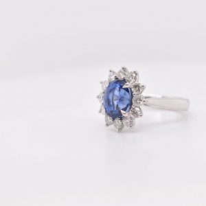 GIA-Certified Natural Sapphire Halo Ring with Diamonds - Oval 9x7mm Blue Sapphire in Platinum Setting with 12 Round 2.50mm Diamonds