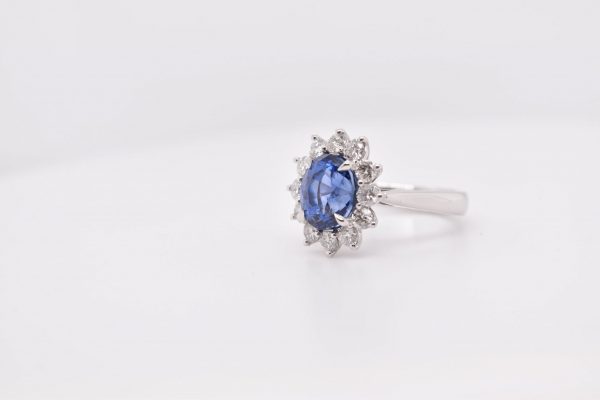 GIA-Certified Natural Sapphire Halo Ring with Diamonds - Oval 9x7mm Blue Sapphire in Platinum Setting with 12 Round 2.50mm Diamonds