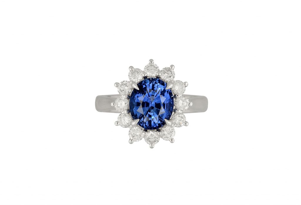 GIA-Certified Natural Sapphire Halo Ring with Diamonds - Oval 9x7mm Blue Sapphire in Platinum Setting with 12 Round 2.50mm Diamonds