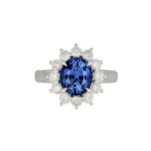 GIA-Certified Natural Sapphire Halo Ring with Diamonds - Oval 9x7mm Blue Sapphire in Platinum Setting with 12 Round 2.50mm Diamonds