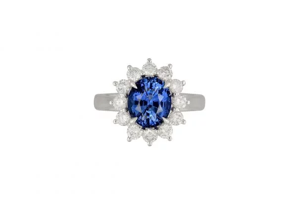 GIA-Certified Natural Sapphire Halo Ring with Diamonds - Oval 9x7mm Blue Sapphire in Platinum Setting with 12 Round 2.50mm Diamonds