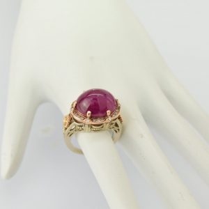 Stunning Ruby Cabochon Engagement Ring with 14K Yellow and Rose Gold, SI2 Diamonds, and Free Shipping. Perfect for Women, Moms, and Vintage Jewelry Lovers. Statement Ring, Art Nouveau Style.