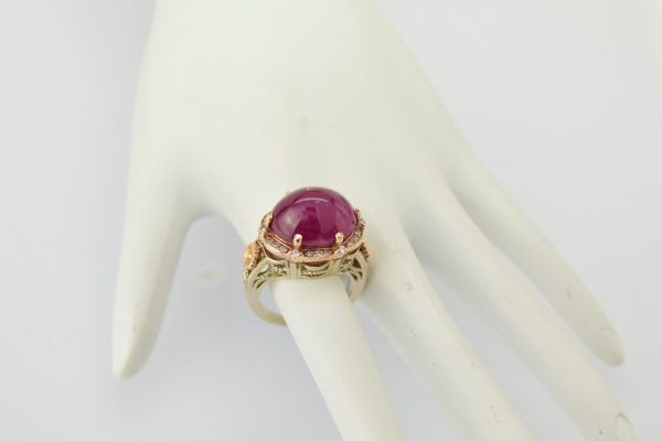 Stunning Ruby Cabochon Engagement Ring with 14K Yellow and Rose Gold, SI2 Diamonds, and Free Shipping. Perfect for Women, Moms, and Vintage Jewelry Lovers. Statement Ring, Art Nouveau Style.