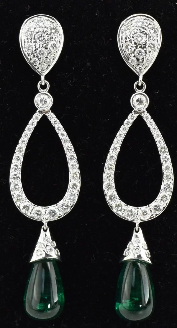 Natural Emerald Dangle Drop Earrings in 14K White Gold with 2.67 Carat Diamonds - Style Number ER2114