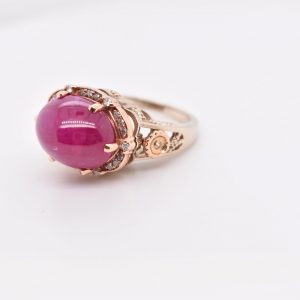 Stunning Ruby Cabochon Engagement Ring with 14K Yellow and Rose Gold, SI2 Diamonds, and Free Shipping. Perfect for Women, Moms, and Vintage Jewelry Lovers. Statement Ring, Art Nouveau Style.