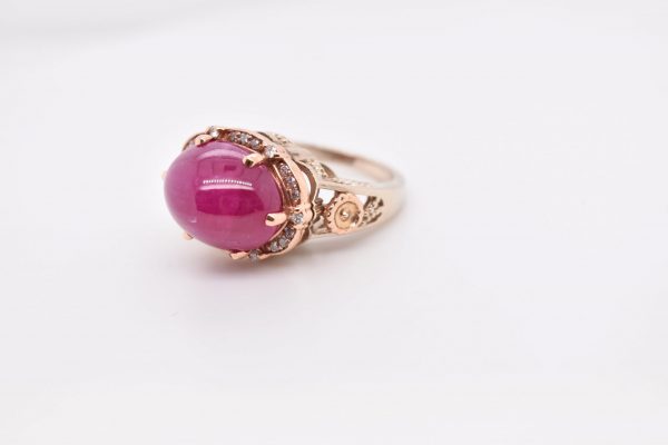 Stunning Ruby Cabochon Engagement Ring with 14K Yellow and Rose Gold, SI2 Diamonds, and Free Shipping. Perfect for Women, Moms, and Vintage Jewelry Lovers. Statement Ring, Art Nouveau Style.