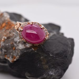 Stunning Ruby Cabochon Engagement Ring with 14K Yellow and Rose Gold, SI2 Diamonds, and Free Shipping. Perfect for Women, Moms, and Vintage Jewelry Lovers. Statement Ring, Art Nouveau Style.