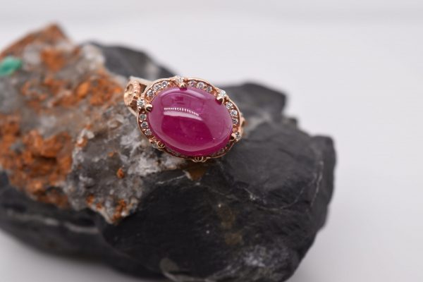 Stunning Ruby Cabochon Engagement Ring with 14K Yellow and Rose Gold, SI2 Diamonds, and Free Shipping. Perfect for Women, Moms, and Vintage Jewelry Lovers. Statement Ring, Art Nouveau Style.