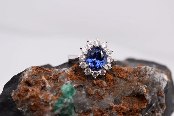 GIA-Certified Natural Sapphire Halo Ring with Diamonds - Oval 9x7mm Blue Sapphire in Platinum Setting with 12 Round 2.50mm Diamonds