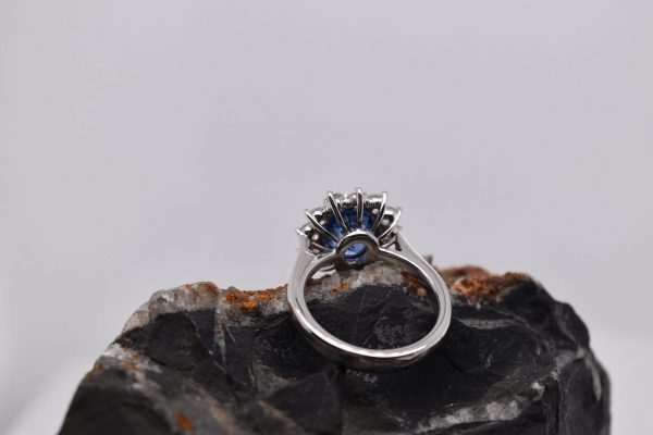 GIA-Certified Natural Sapphire Halo Ring with Diamonds - Oval 9x7mm Blue Sapphire in Platinum Setting with 12 Round 2.50mm Diamonds