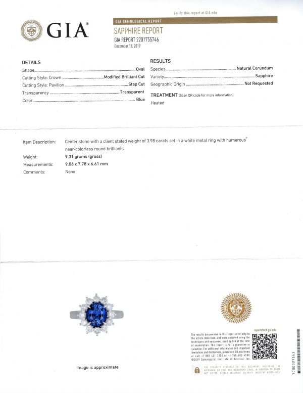 GIA-Certified Natural Sapphire Halo Ring with Diamonds - Oval 9x7mm Blue Sapphire in Platinum Setting with 12 Round 2.50mm Diamonds