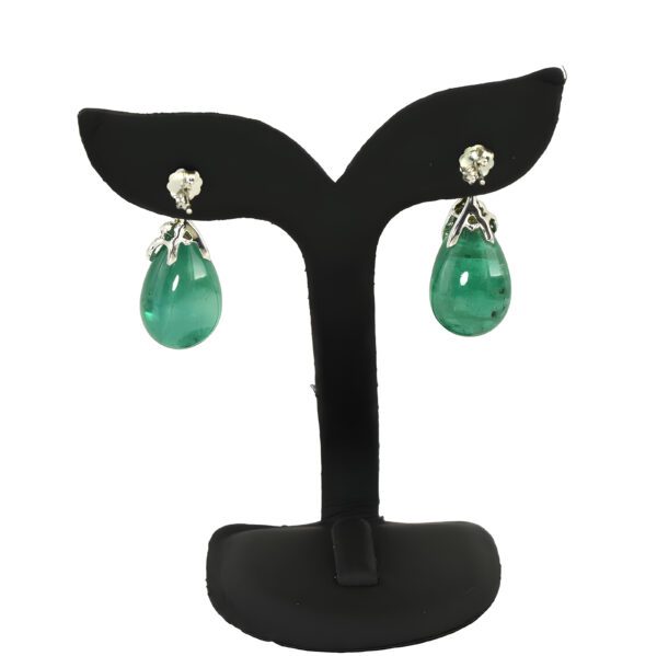 Natural Emerald Cabochon Drop Earrings in 18K White Gold with 36.82 Carat Emerald Drops and 2.23 Carat Diamonds - SKU: WR2102